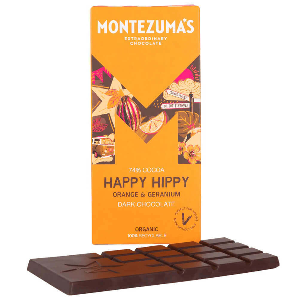 Montezuma Happy Hippy Dark Chocolate with Orange & Geranium Bar 90g